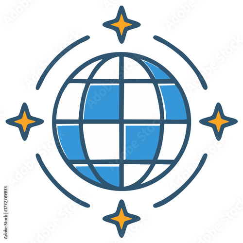 World Grid Symbol with Four Stars Global Icon Networking Internet Technologies