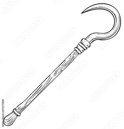 Hooked Crook Walking Stick Hand Drawn Antique Style Wooden Cane