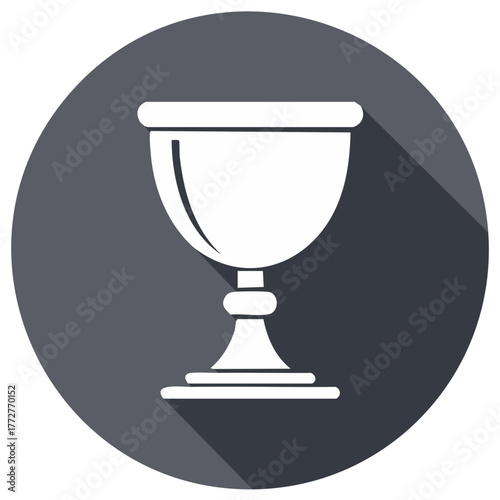 Holy chalice, grail vector symbol in white on dark gray circle with long shadow. Eucharist communion concept