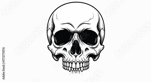 Detailed black and white graphic illustration of a human skull in a menacing, stylized, vintage engraving or tattoo art style