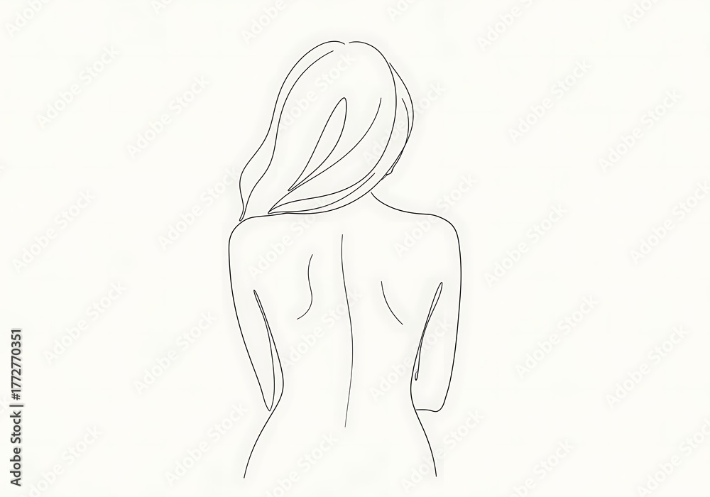 Fototapeta premium Minimalist line art of a womans back and hair, isolated on white background