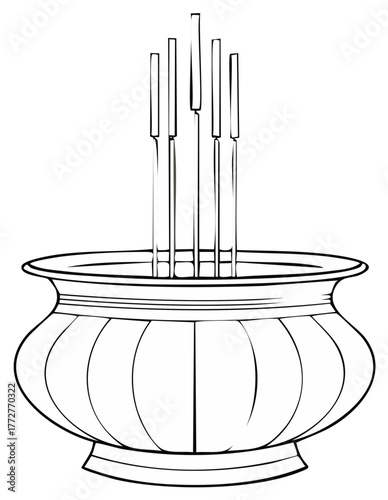 Traditional Asian Incense Burner with Joss Sticks Outline Drawing