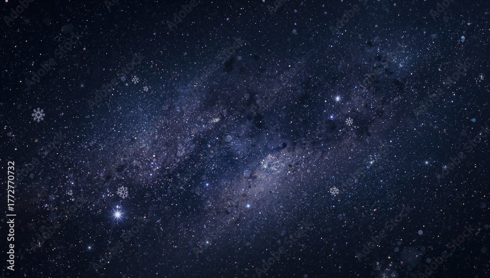 Fototapeta premium Starry night sky with falling snow, seasonal change