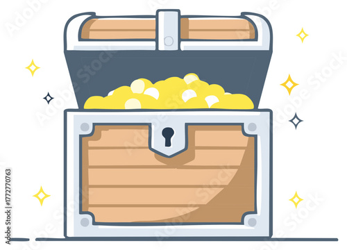 Open wooden treasure chest full of sparkling gold coins vector illustration