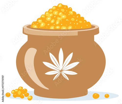 Vector Illustration of Ceramic Pot with Golden Pellets and Marijuana Leaf Design