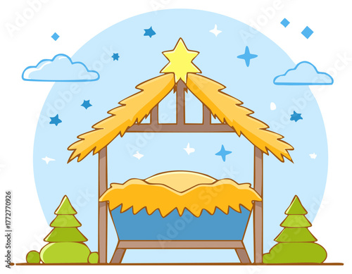 Cute cartoon illustration of a Christmas nativity scene with an empty manger in a stable under a bright star
