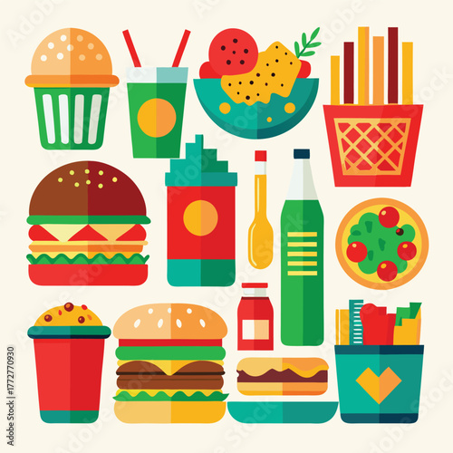 An illustration of various burger and fast-food items