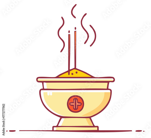 Burning incense sticks in a traditional censer bowl for spiritual rituals and prayer icon