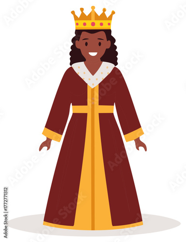 Elegant Black queen character in a royal gown and gold crown smiling vector illustration