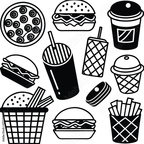 An illustration of various burger and fast-food items