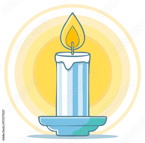 Single Cartoon Candle Flickering Brightly with Light Blue Stripes and Warm Glow