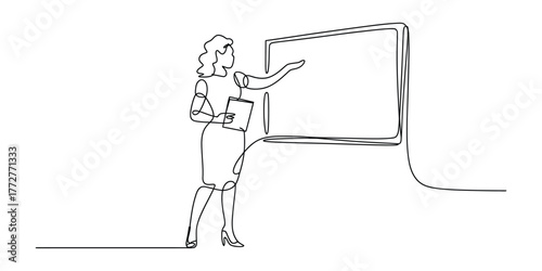 Continuous line drawing of a woman presenting at a whiteboard vector