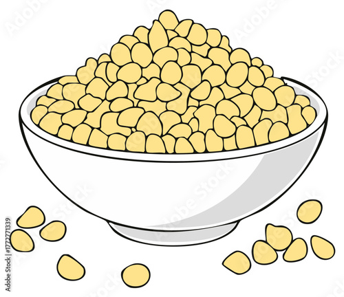 Cartoon Bowl of Soybeans, Yellow Legumes in White Bowl, Vector Illustration