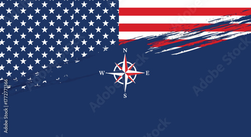 Distressed artistic background design featuring elements of the US flag and a central compass rose, symbolizing navigation and American leadership or travel