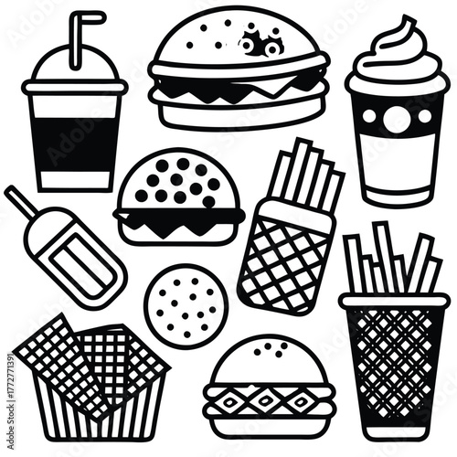 An illustration of various burger and fast-food items