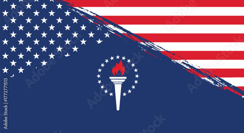 Dynamic patriotic vector graphic combining US flag elements (stars and stripes) with a central torch emblem of liberty on a blue field