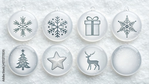 Frosted Glass Christmas Icon Set – Elegant Translucent Holiday Illustrations on Snowy Background