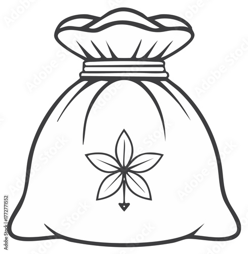 Minimalist vector outline icon of a tied bag or sack adorned with a distinct five-point plant leaf symbol