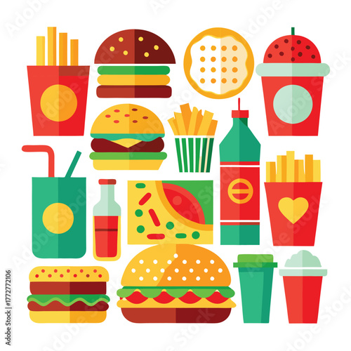 An illustration of various burger and fast-food items