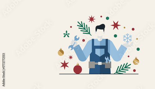Service worker holding tools and snowflake with festive holiday decorations Winter maintenance concept