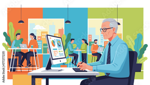 Diverse business team working in a bright modern office Senior professional analyzing data