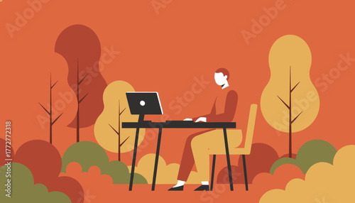 Remote worker using computer in autumn park setting Flat design illustration of work and nature