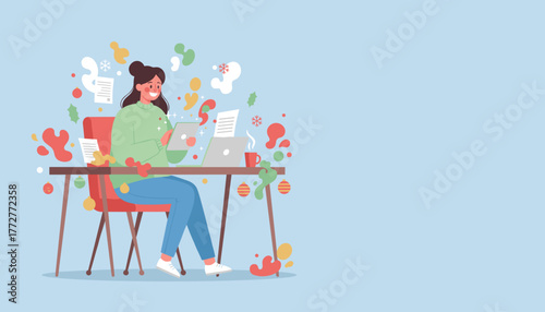 Festive remote work Happy woman uses tablet and laptop surrounded by holiday decorations