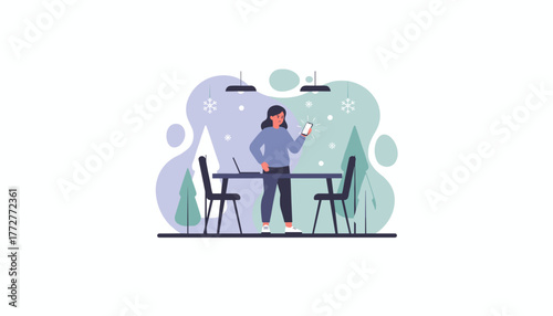 Frustrated woman checks phone while remote working in a cozy winter setting