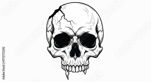 Illustration of a cracked skull on a white background. Dark and edgy, this graphic is perfect for Halloween, gothic themes, or edgy apparel