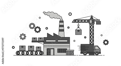 Industrial logistics vector Factory conveyor belt crane and delivery truck moving packages