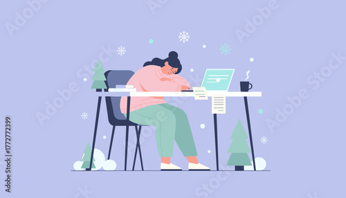 Tired woman sleeping at desk during winter remote work burnout or study fatigue during holidays
