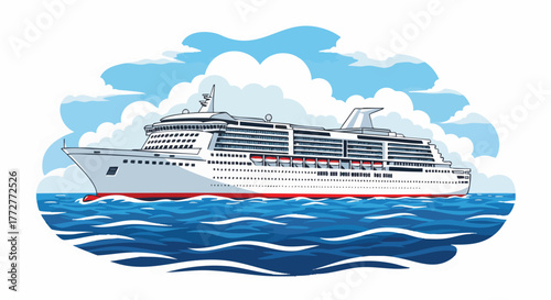 Illustration of a cruise ship sailing on the ocean against a sunny sky. Great for travel, vacations, and leisure concepts