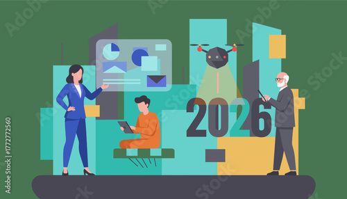 Business future in 2026 Team analyzing data with drone technology and innovation