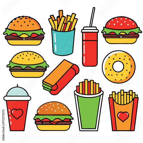 An illustration of various burger and fast-food items