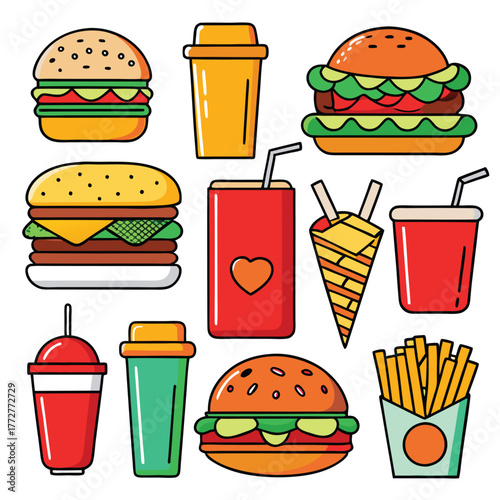 An illustration of various burger and fast-food items