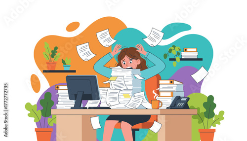 Overwhelmed office worker stressed by a massive pile of documents and paperwork