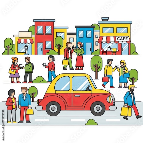 Cartoon Cityscape Depicting Daily Life with Buildings People and a Classic Car in a Bright Scene