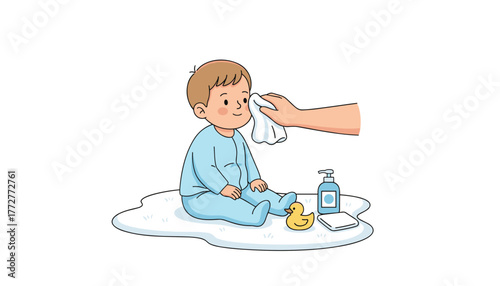 Parent wiping smiling babys face during bath time Gentle childcare hygiene and bonding illustration