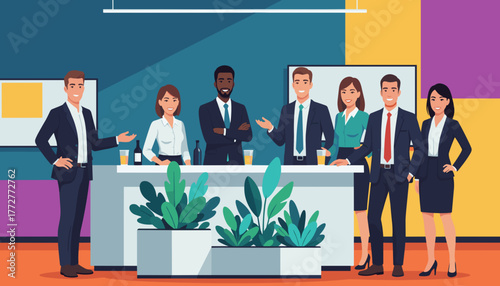 Diverse business team networking and celebrating success at a modern office event