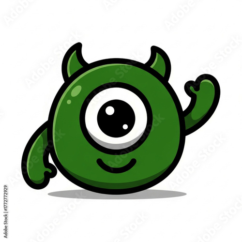 ai generative Cute monster vector icon — one-eyed green creature waving, bold line art, bright colors, round shape, minimal shadow, friendly look