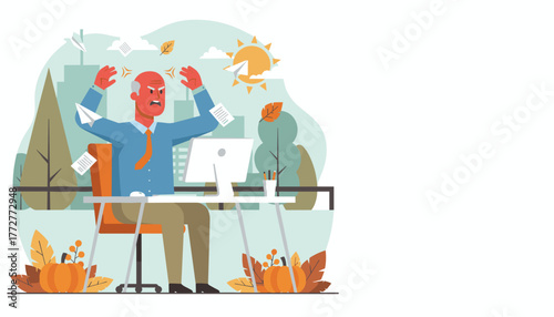 Angry businessman suffering burnout at a desk outdoors during autumn Stress work pressure illustration