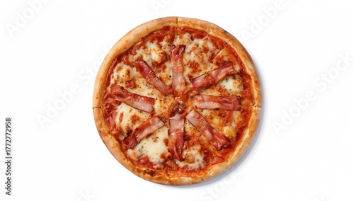 Tasty pizza topped with bac...