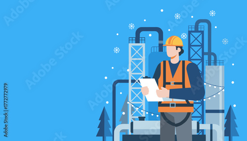 Industrial worker performing winter inspection amidst snow and festive lights