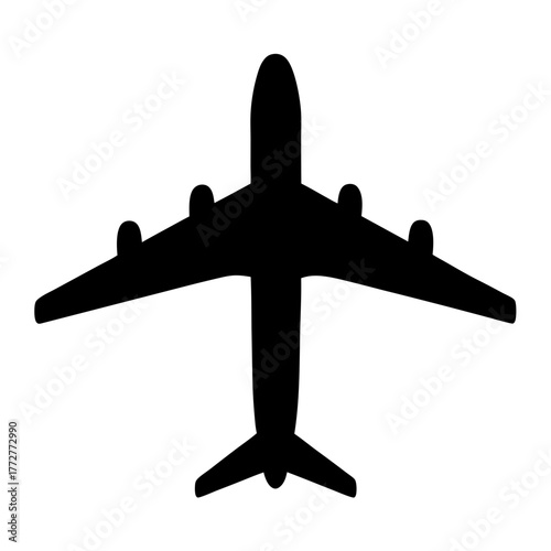 Overhead view of a black airplane silhouette against a white background