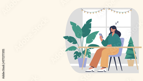 Sleepy woman using a mobile phone indoors Digital fatigue and relaxation concept