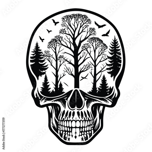 Double Exposure Skull with Forest Landscape Vector Graphic for T-Shirt Design