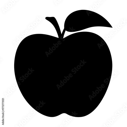 Black and white graphic illustration of a single apple with leaf and stem
