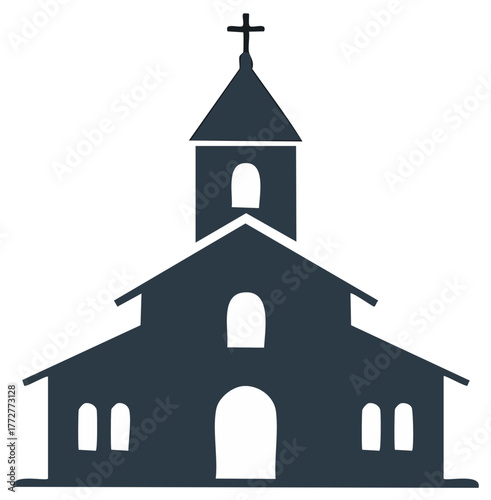 Silhouette of a traditional church building with a steeple and cross simple modern icon