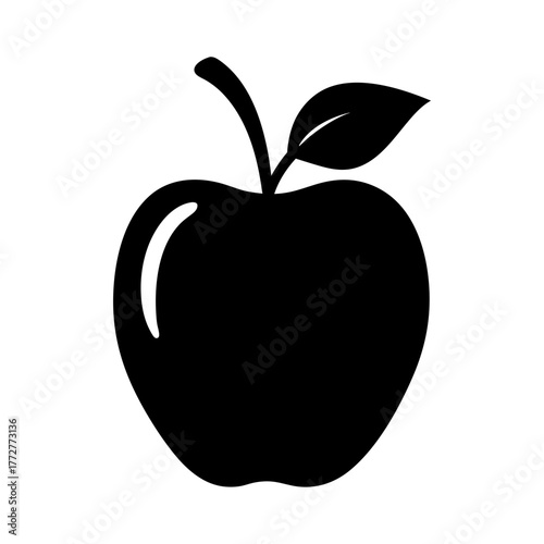 A simple black and white apple illustration with a leaf and stem