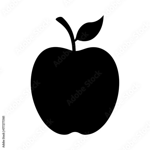 Silhouette of a black apple with stem and leaf on white background
